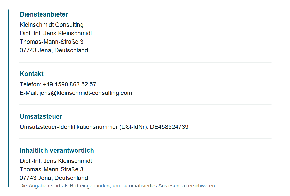 Anbieterkennzeichnung, Kontaktangaben und steuerliche Angaben als Bild